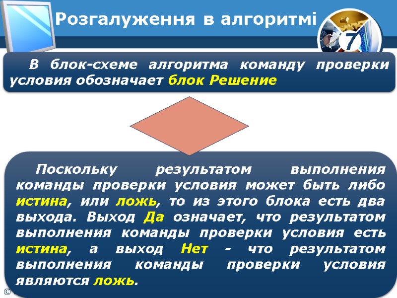 Розгалуження в алгоритмі В блок-схеме алгоритма команду проверки условия обозначает блок Решение Поскольку результатом Розгалуження в алгоритмі В блок-схеме алгоритма команду проверки условия обозначает блок Решение Поскольку результатом